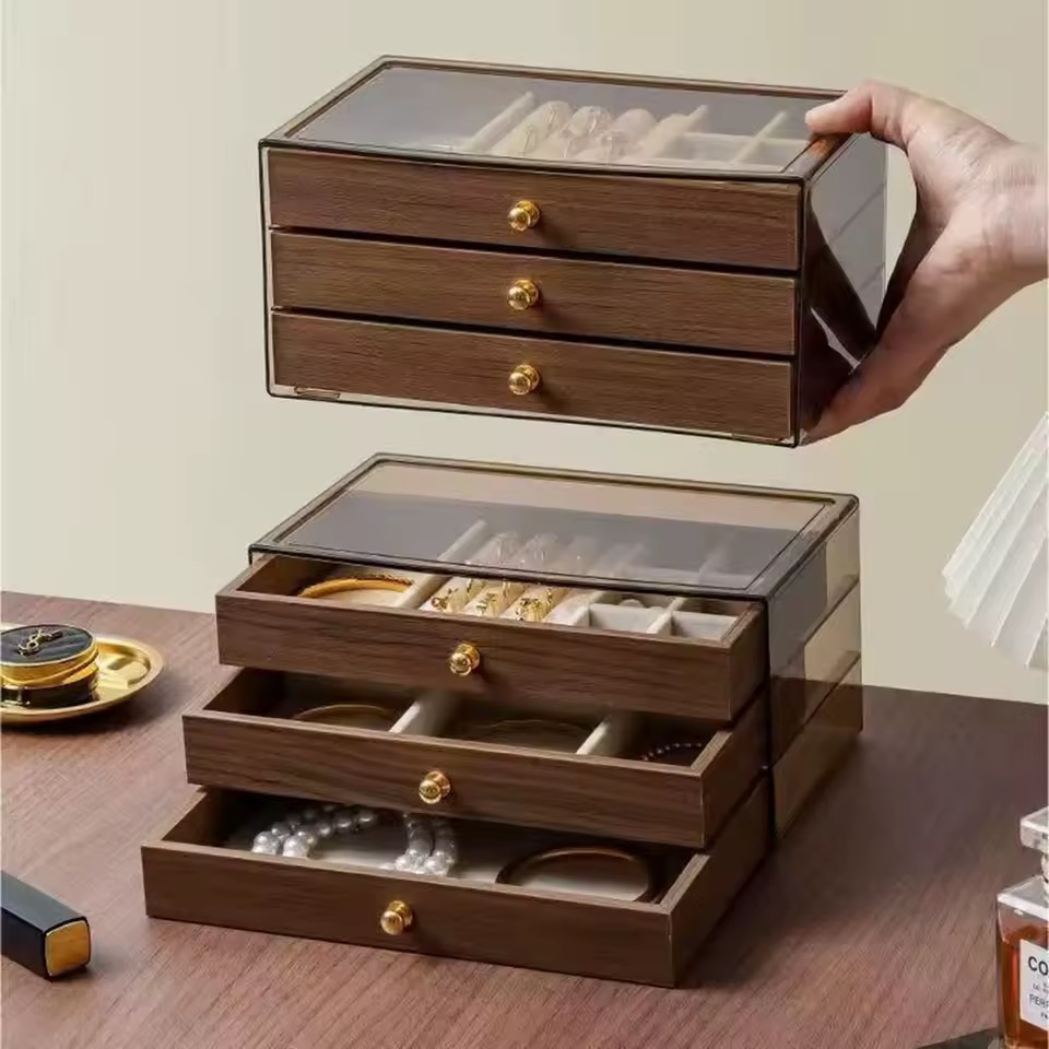 WALNUT ACRYLIC THREE LAYER JEWELRY BOX - Image 2
