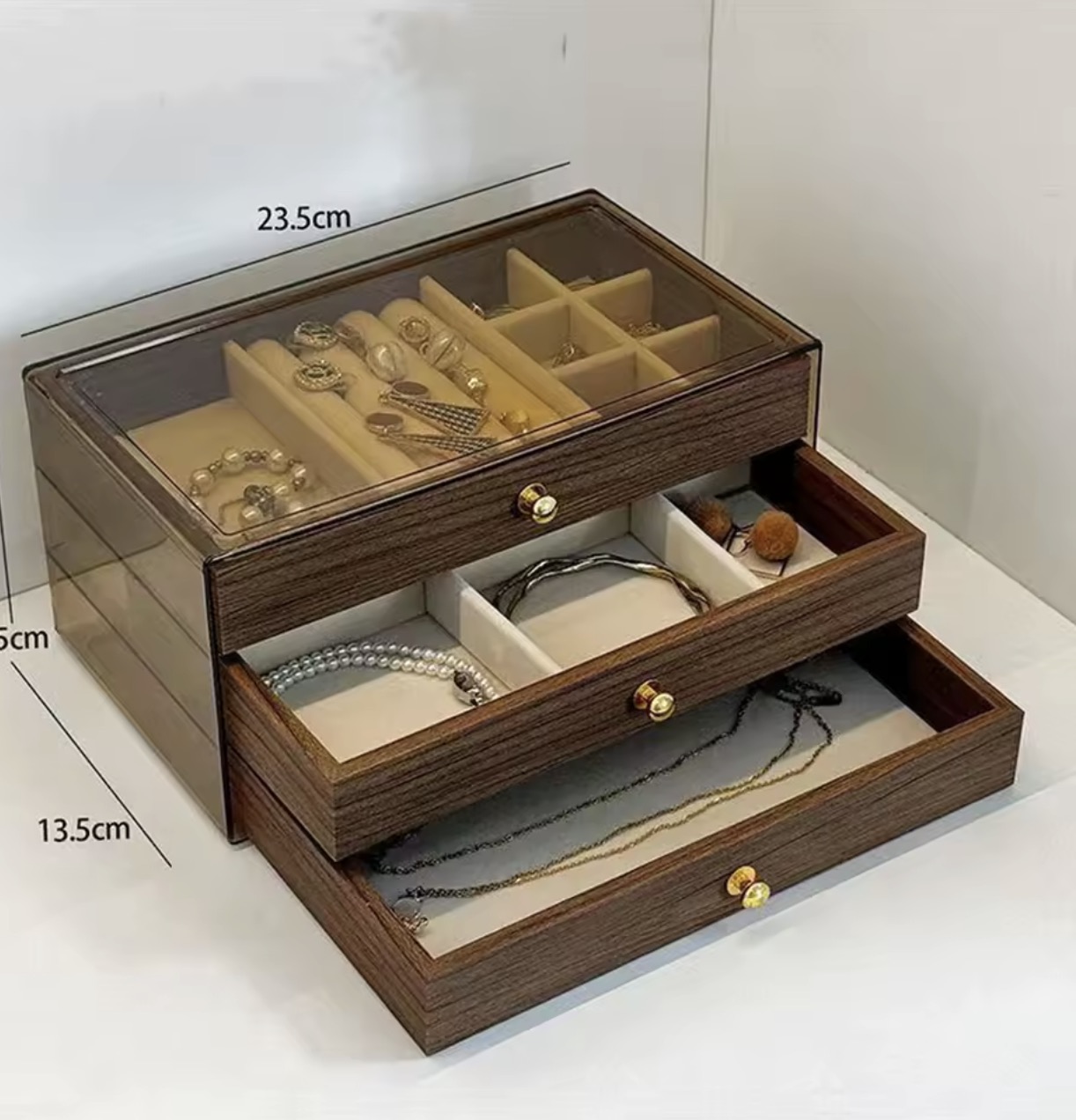 WALNUT ACRYLIC THREE LAYER JEWELRY BOX - Image 3