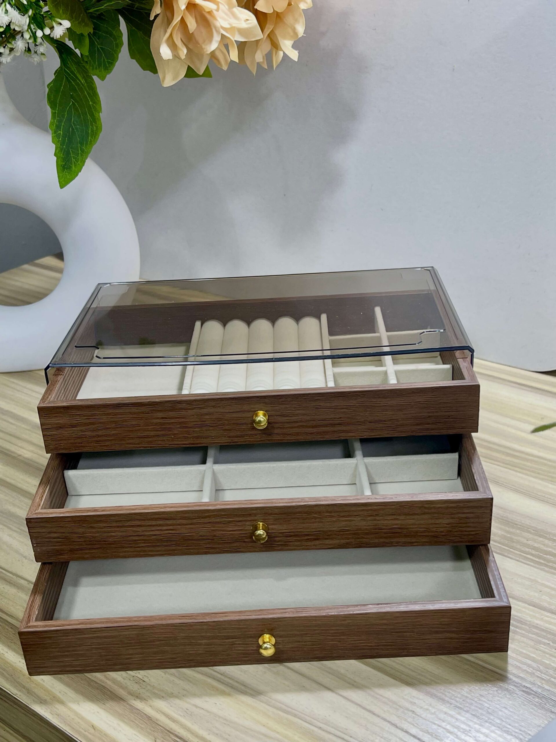 WALNUT ACRYLIC THREE LAYER JEWELRY BOX
